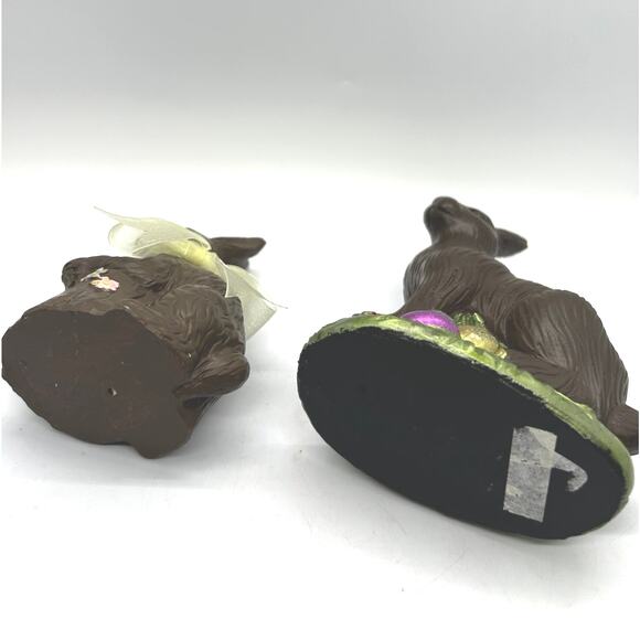 Chocolate Faux Easter Bunny Rabbits Resin Figures Spring Yellow Bow 2 Pair - Picture 4 of 7
